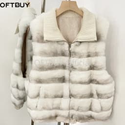 OFTBUY Knit Collar Zip Up Two Sides Wear Fur Waist Coat Women Reversible Real Rabbit Fur Vest New Winter Fur Clothing Female