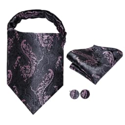 Hi-Tie Silk Mens Ascots Hanky Cufflinks Set Jacquard Paisley Floral Cravat Tie Self Vintage Ascot Black Gray Red Gold Pink Blue