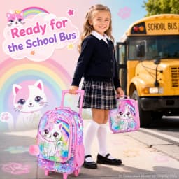 4PCS Kids Rolling Backpack for Girls, Cute Cat Sequin Wheeled Bookbag, Pink Roller School Bag with Wheels for Elementary