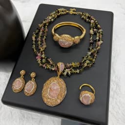 Vintage 4pcs Necklace Earring Ring Bracelet Crystal Stone Jewelry Sets for Women Natural Amethyst Tigers Eye Statement Jewelrys