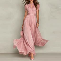Elegant Chiffon Lace Trim Midi Dress Stand Collar Neck Puff Sleeve Cinched Waist Draped A Line Flowy Women's Casual Dresses