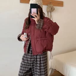 American Plaid Patchwork Puffer Jacket Women Winter Thick Stand Collar Short Parkas Woman Korean Casual Preppy Style Outerwear
