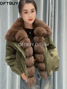 OFTBUY Goose Down Jacket with Natural Fur for Female Warm Casual Winter Puffer Coat with Fur Collar Zipper Women's Down Parkas