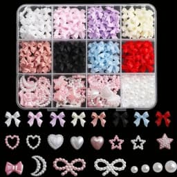 12Grids 3D Resin Rose Flower Nail Charms Mixed Color Flatback with Pearls Kawaii Floral Nail Decor for Acrylic Nails DIY Tools