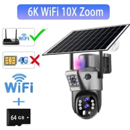 Solar Outdoor Surveillance Camera 4G Sim 6K 12MP Three Lens 10 Digital Zoom Wireless Cctv PTZ IP66 Security Solar Panel Cameras