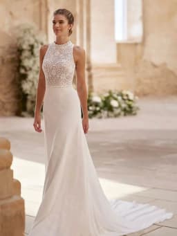 Customized Charming Wedding Dresses White Bridal Gowns Lace High Neck Bride Dresses Sleeveless Wedding Gowns Back Out On Sale
