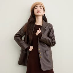 SENTUBILA Women's Coffee Pu Leather Jacket Modern Biker Style Notch Collar Coat Long Sleeve Casual Windproof Coat W53GE2747
