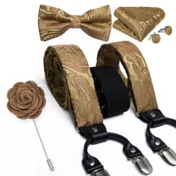 Luxury White Men's Suspenders Adjustable 6 Clips Braces DiBanGu Leather Metal Pre-Tied Bow Tie Brooch Pocket Square Set