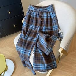 Blue Plaid Thickened Woolen Casual Pants Straight Leg Wide Leg Floor Length Trousers Autumn Winter New Style Trendy Women's Long