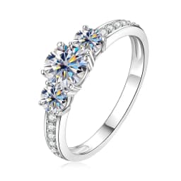 Celestinova Round Moissanite Three Stone Ring GRA Certified 14K Gold Plated Engagement Wedding Bridal Jewelry For Women