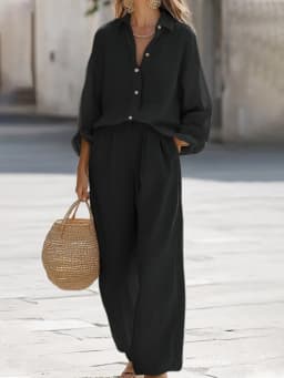 Women's Cotton 2-Piece Set Oversized Long-Sleeve Button-Down Shirt Wide-Leg Pants with Elastic Waist Loose-Fitting for Vacation