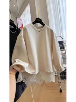 New Style Lace Splicing Fake Two-piece Pullover O Neck Sweatshirt For Women Spring Autumn Loose Top Fashion Casual Solid Hoodie