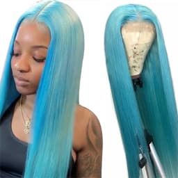 13x4 Glueless Blue Long Straight Synthetic Lace Front Wig Pre Plucked Ready To Wear for Women 24-32 Inch Daily Use