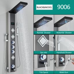 Black Nickel LED Shower Panel Six Functions Shower Column Rain Waterfall Shower Massage Spa Jets Tub Shower With Bidet Bath Taps