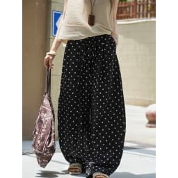 HanOrange 2026 Summer Retro Lazy Linen Polka Dot Wide Leg Pants Women High Waist Hanging Feeling Pants Black/Khaki