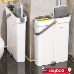 Joybos Ultra-Slim Flat Mop and Bucket System, Hands-Free Wash & Dry Floor Mop Set with 2 Microfiber Pads, 360° Swivel Mop with Squeegee Edge for Hardwood Tile Laminate