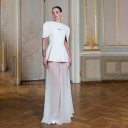 Elegant Two Piece Bridal Gown Cape Collar Hollow Peplum Bodice Sheer Chiffon Floor Skirt White Wedding Party Dress Custom Sizes