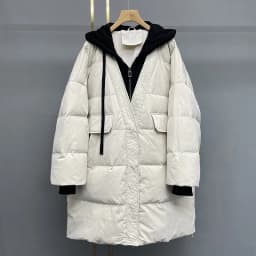 Schinteon Women White Duck Down Over Size Jacket Autumn Winter Warm Casual Outwear with Hood Fake Two Pieces Patchwork Coat 2023