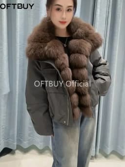 OFTBUY Goose Down Jacket with Natural Fur for Female Warm Casual Winter Puffer Coat with Fur Collar Zipper Women's Down Parkas