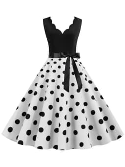 Polka Dot Print Women Summer Dress Black Patchwork Sleeveless V Neck Elegant Vintage Party Casual Midi Dress