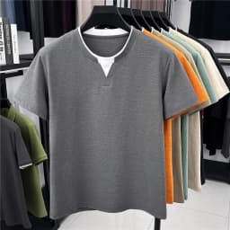 2026 New Men's Mock Neck Tee With Contrast Inner Layer Design Short Sleeve Casual And Comfortable