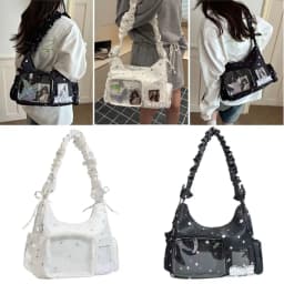 Star Print Itabag Transparent Window Hobo Bag Ruffle Pleated Shoulder Strap Purse Kpop Idol Photocard Display Bag Casual Bag
