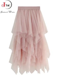 Women Sweet Midi Spring And Summer High Waist Solid Asymmetrical Elegant Chic White Mesh Tulle Skirts Faldas