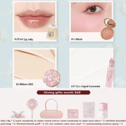 Flower Knows Makeup Gift Set Lip Cream,Blush,Cushion BB Cream,Brightening Concealer,Hydrating Essence & Cosmetic Bag All-in-One
