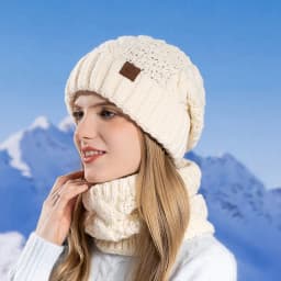 Women's Winter Hat and Neck Warmer Set, Warm Knit Hat with Ear Protection, Hooded Yarn Cap