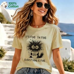 Women's It's Fine I'm Fine Everything Is Fine Cat Print T-Shirt 100% Cotton Funny Casual Short Sleeve Tee