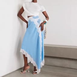 Womens Dresses 2025 Spring Summer New Solid Color Hollow Waist Irregular Lace Splicing Round Neck Short Sleeve Casual Dress