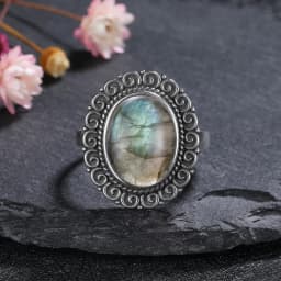 Silver Ring for Women Oval Round Natural Labradorite Ring Gift Sun Shaped Retro Luxury Fine Jewelry