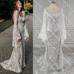 Boho Long Batwing Sleeves Lace Wedding Dress Drop Ship Customized Mermaid Rustic Beach 2026 Square Neck Open Back Bridal Gowns