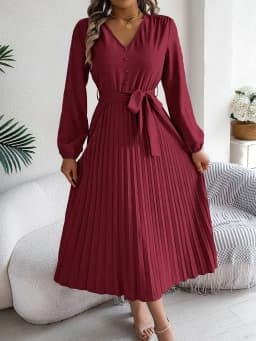 Spring Autumn Elegant Buttons V Neck Lantern Long Sleeve Lace Up Pleated Dress Khaki Blue Red Green Black Women Dresses