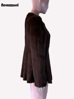 Nerazzurri Winter Short Brown Thick Warm Soft Fitted Faux Mink Fur Coat Women Single Button Elegant Luxury Chic Fluffy Jacket
