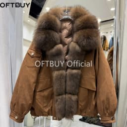 OFTBUY Real Suede Jacket Winter Warm Button Thick Padded Fashion Loose Outerwear Women Luxury Fox Fur Collar Duck Down Parka