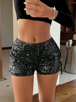 Women's Silver Sequin Shorts High Waist Shiny Glitter Bodycon Mini Shorts for Festival Party