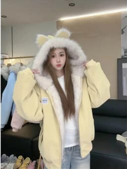 Korean Sweet Plush Rabbit Ear Decor Hooded Coat Women Vintage Aesthetic Loose Outwear Winter Casual Warm Long Sleeve Jacket New
