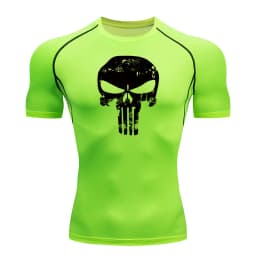 Skull Print Compression Shirts for Men Gym Workout Running Tshirts Sporty Athletic Quick Dry Tees Tops Short Sleeve Rash Guard