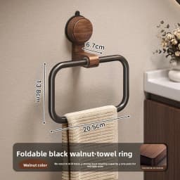 Vintage Walnut Wood Towel Ring with Suction Cup Mount, No-Drill Wall-Mounted Bathroom Towel Holder, Stainless Steel Frame