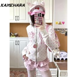 KAMEHARA Y2K Aesthetic Cute Devil Hooded Jacket Sweet E-girls Japan Kawaii Horned Zip-Up Hoodie Pink Star Print Cartoon Star Top