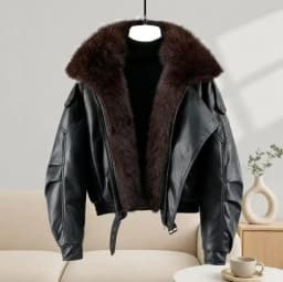 2026 High-quality Leather Jacket New Women's PU Black Leather Coat Winter Fur Collor Short Puffer Parkas Fur Outwear