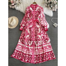 Spring Autumn Retro Palace Long Sleeved Standing Neck Waist Slim Appearance Single woman Breasted A-line Celadon Print Dress