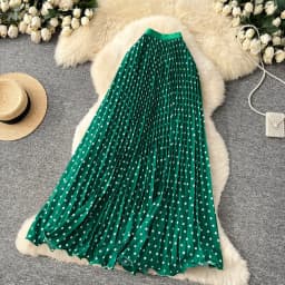 Korean Style Polka Dot Print Pleated A-line Long Skirts Women 2026 Spring Summer High Waist Casual Skirt