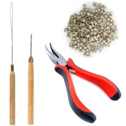 Hair Extension Kit Pliers Pulling Hook Bead Device Tool Kits and 100PCS Black Silicone Lined Micro Rings