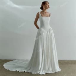 Vintage Square Wedding Dresses For Women A Line Satin Bridal Gown Long Train Sexy Backless Beach Wedding Gowns Vestidos De Novia
