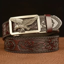 Men's Business Vintage Automatic Buckle Belt - Genuine Leather with Eagle & Floral Carvings, Perfect Gift for Husband or Father