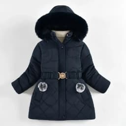 2024 New Winter Keep Warm Girls Jacket Waist Belt Design Detachable Hat Lining Plush Hooded Heavy Coat For Kids