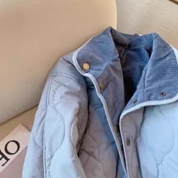 Women's Quilted Puffer Jacket with Corduroy Trim Stand Collar, Button Front, Cropped Lightweight Winter Coat