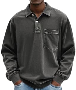 American Style Retro Old Dark Grey Long Sleeve Polo Shirt Loose Lapel Pocket Design Casual All-match Heavy Top for Men